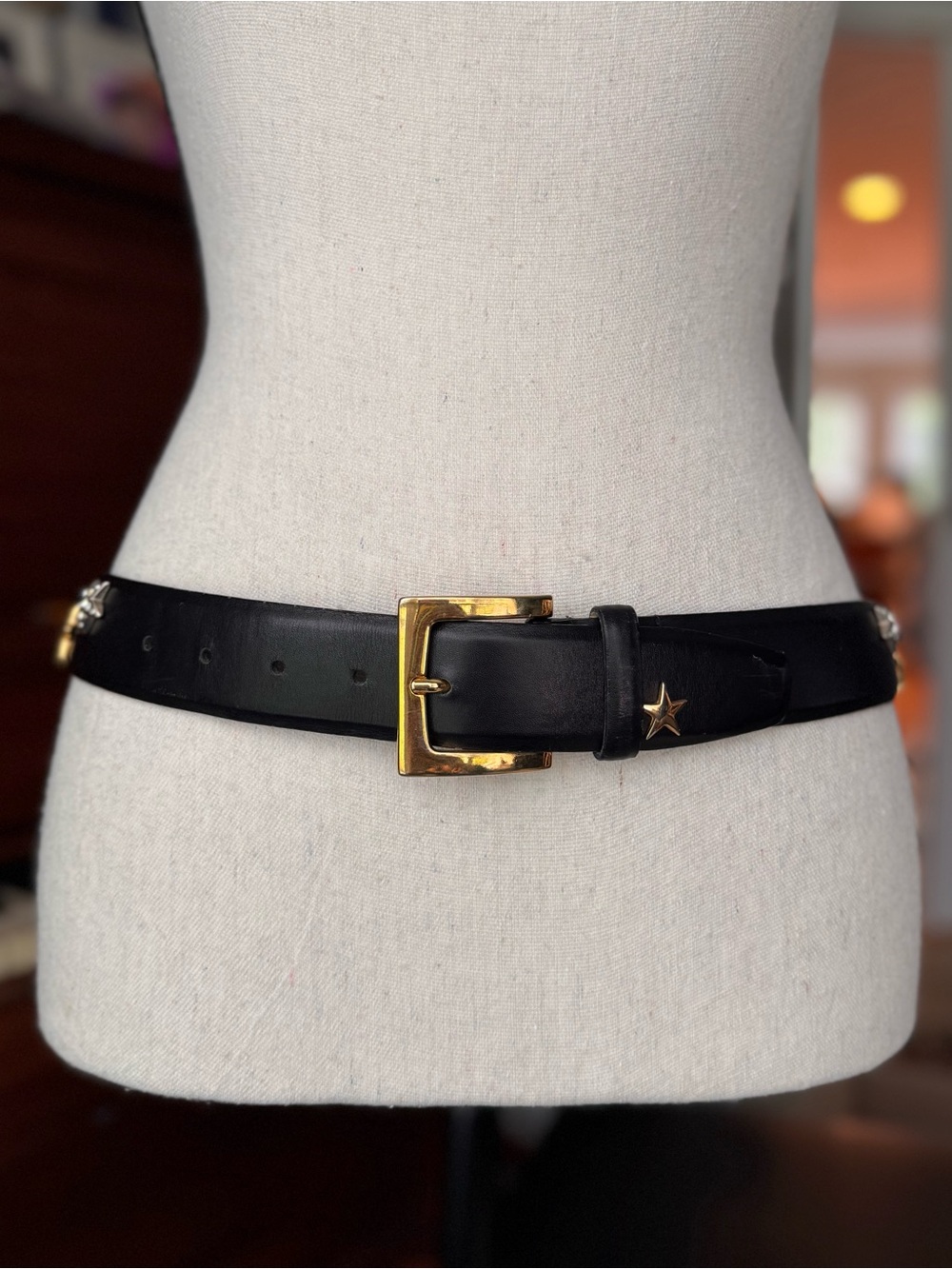 VTG Carlisle Black Leather Star Studded Belt S Gold Buckle Celestial 90’s Punk - Picture 15 of 16